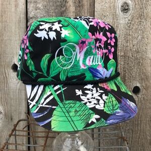 Vintage 80s Maui Hawaii Embroidered Floral Captain's Hat Cord Brim Snapback OS